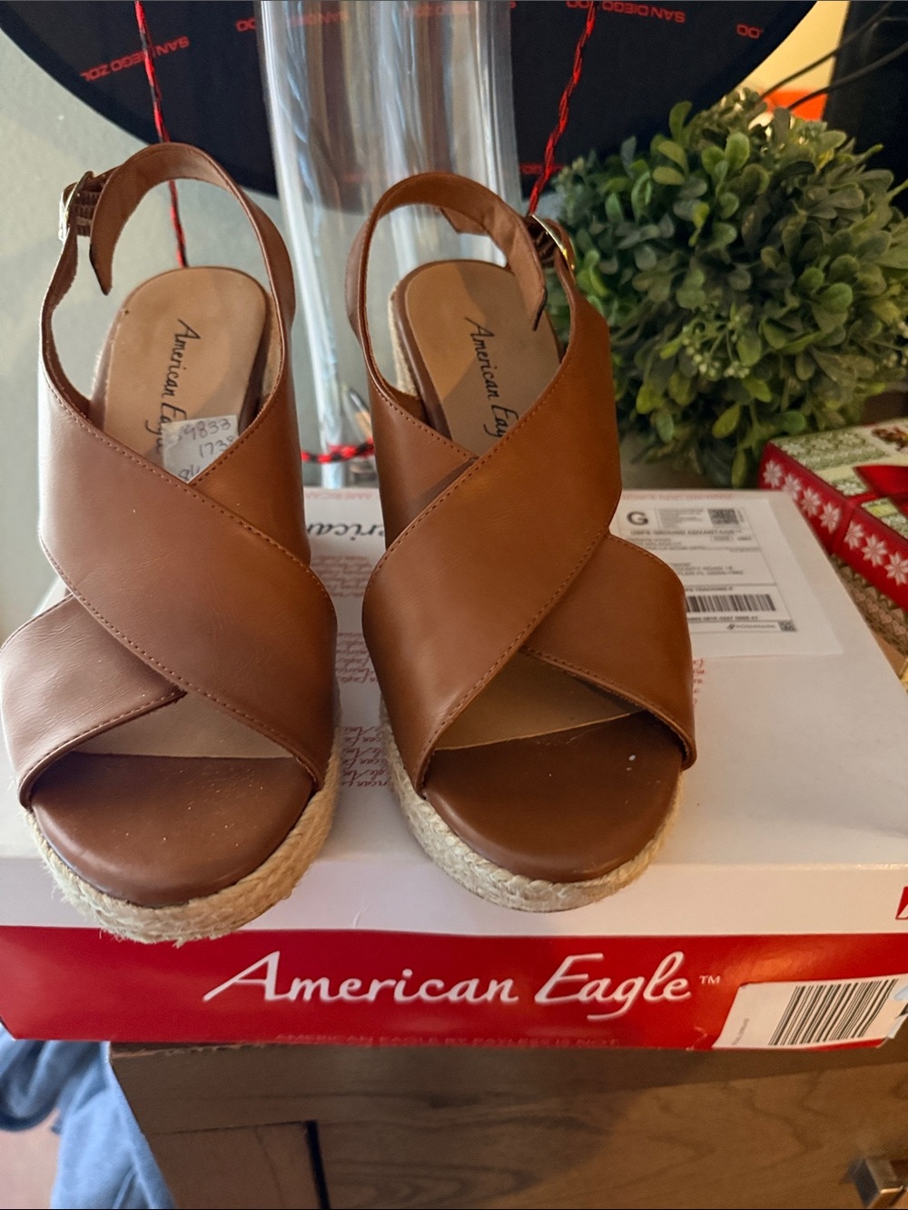 American Eagle Outfitters Tan Brown Crisscross Espadrille Wedge Sandals